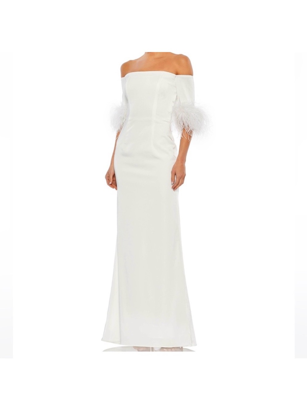 Mac Duggal Strapless White Feather-Cuff Wedding Gown